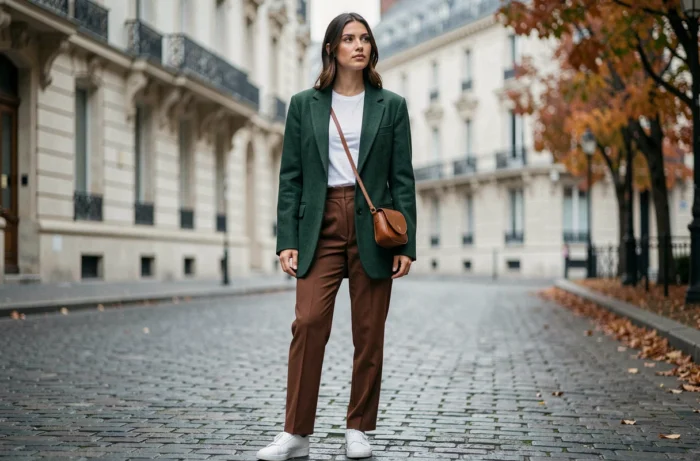 Jeune femme en blazer vert forêt et pantalon tailleur marron dans une rue pavée parisienne aux façades haussmanniennes en automne