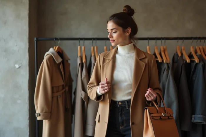 Jeune femme élégante en manteau camel explorant les dernières tendances mode dans une boutique minimaliste contemporaine