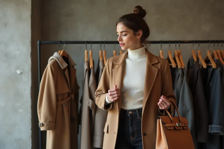 Jeune femme élégante en manteau camel explorant les dernières tendances mode dans une boutique minimaliste contemporaine