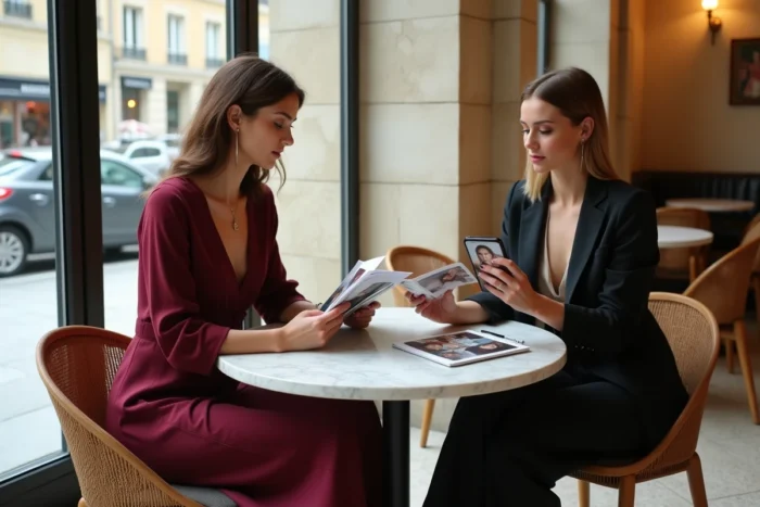 Deux femmes élégantes consultant un lookbook de tendances mode autour d'un café dans un bistrot parisien au décor raffiné