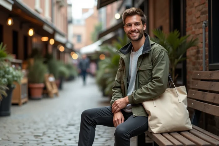 Homme stylé en veste utilitaire olive et sneakers blanches découvrant des tendances mode casual dans un marché urbain