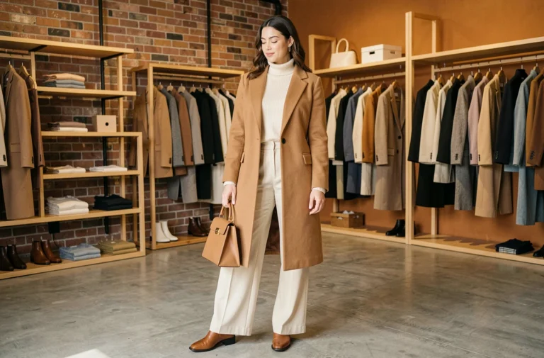 Femme stylée portant un manteau camel et un pantalon large dans une boutique de mode tendance aux murs en brique apparente
