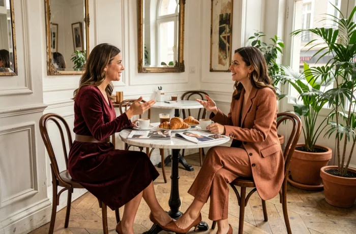 Deux femmes élégantes attablées dans un café parisien discutant des tendances mode de la saison autour de magazines et de cafés