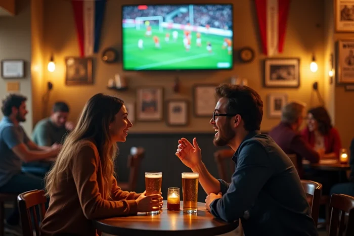 Des amis regardant le Top 14 dans un bar sportif comme alternative à un abonnement Canal Plus