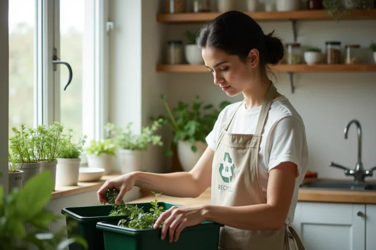 Femme triant des déchets recyclables dans une cuisine moderne et écologique avec des bocaux en verre et des herbes aromatiques