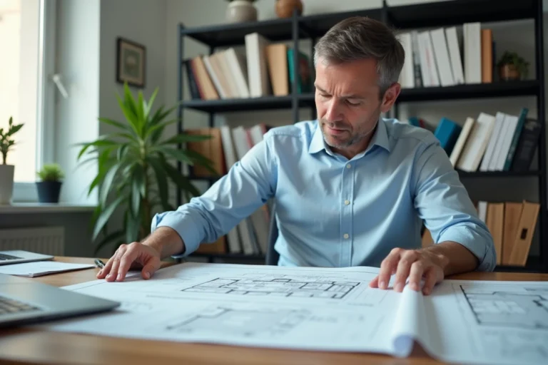 Urbaniste examinant des plans de permis de construire et des documents de certificat d'urbanisme sur un bureau de mairie