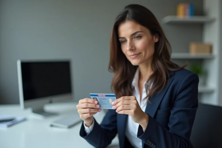 Femme professionnelle examinant attentivement une carte d'identité dans un bureau administratif moderne