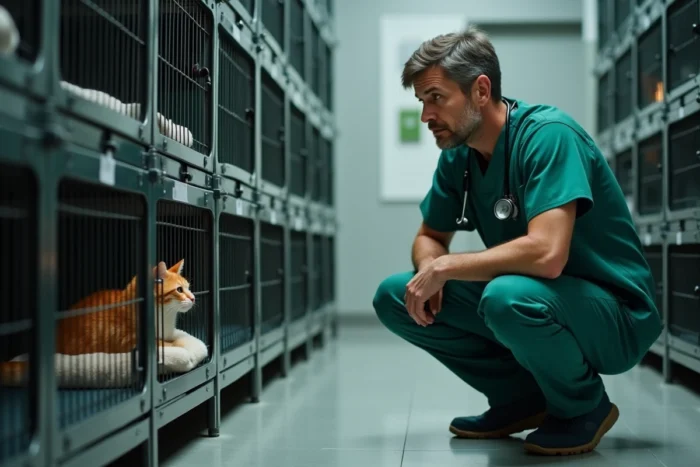 Vétérinaire observant un chat en convalescence dans sa cage de réveil dans une clinique vétérinaire de nuit