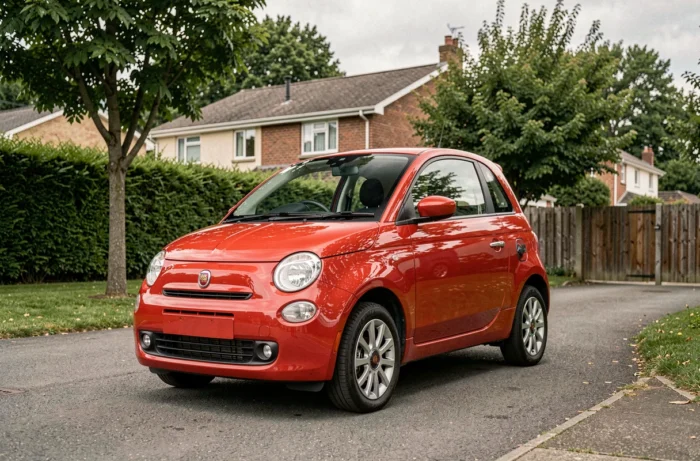 Petite voiture 4cv rouge garée dans une allée de maison individuelle en zone résidentielle