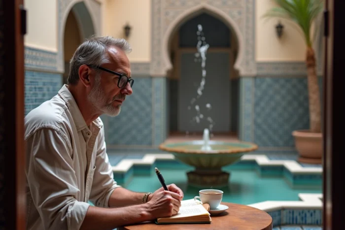 Voyageur écrivant dans son carnet dans la cour intérieure d'un riad marocain aux carreaux de zellige colorés