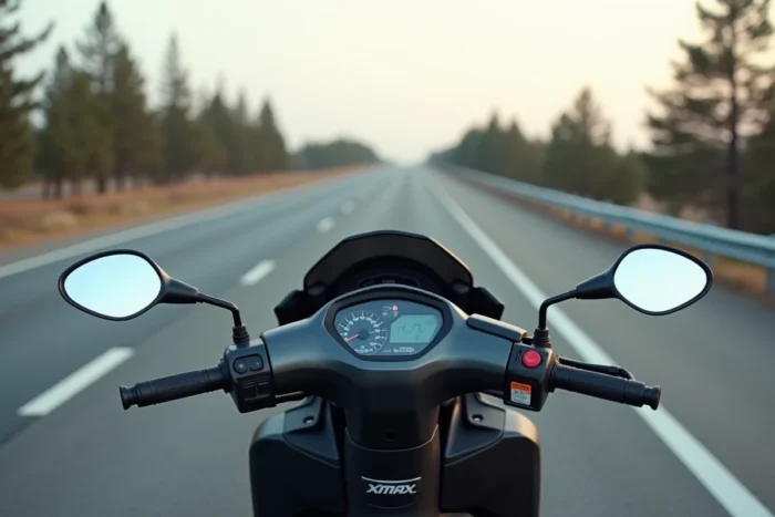 Yamaha XMAX 125 gris anthracite stationné sur le bord d'une route nationale, vue arrière 3/4 sans pilote