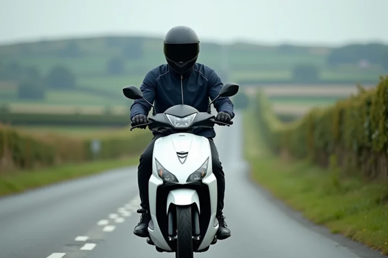 Rider sur un Yamaha XMAX 125 blanc en route sur une voie secondaire, vue 3/4 avant au ras du sol